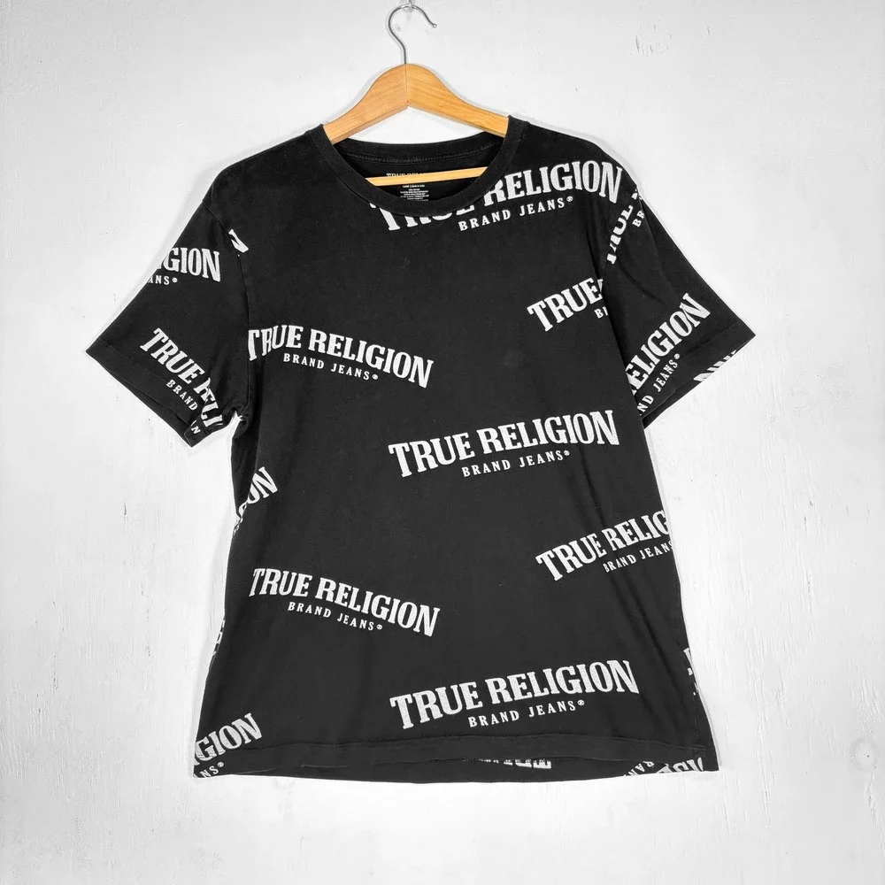True Religion Black All Over Print Logo T-Shirt Mens L Streetwear